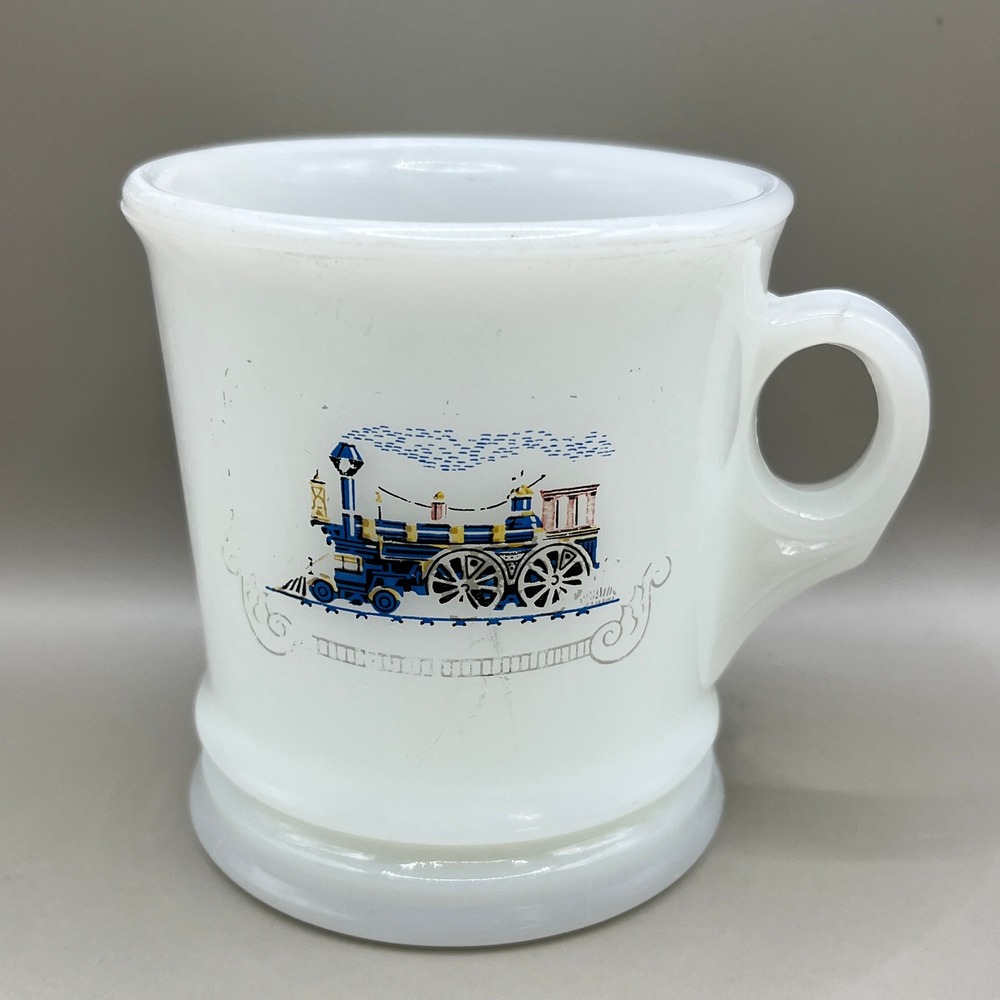 Vtg Milk Glass Shaving Mug Steam Locomotive Train Engine White Pedestal Avon